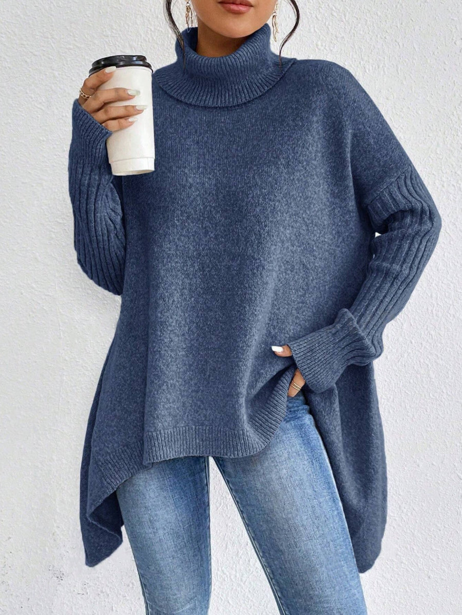 PULL DÉCONTRACTÉ EN COTON À COL ROULÉ ET OURLET ASYMÉTRIQUE | IDÉAL POUR L’AUTOMNE