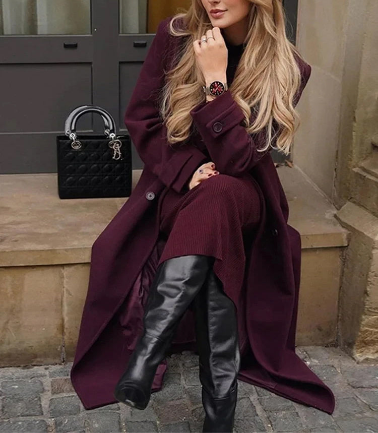 Manteau Long Élégant en Laine - Luxe Bordeaux