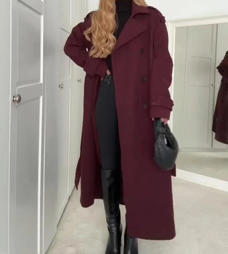 Manteau Long Élégant en Laine - Luxe Bordeaux